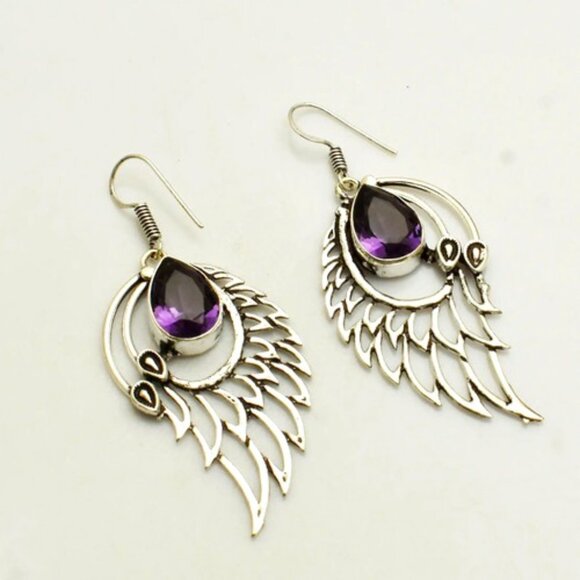 sterling Jewelry - Amethyst Gemstone Sterling Silver Handmade Drop Dangle Earrings